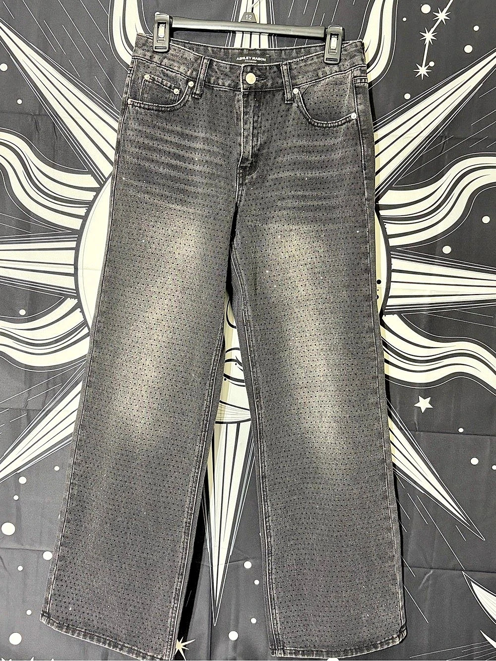 Ashley Mason Black Wide Leg Jeans with Black gemstones all over size 5